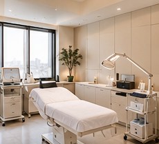 Bright treatment room with a padded treatment bed and magnifying lamp